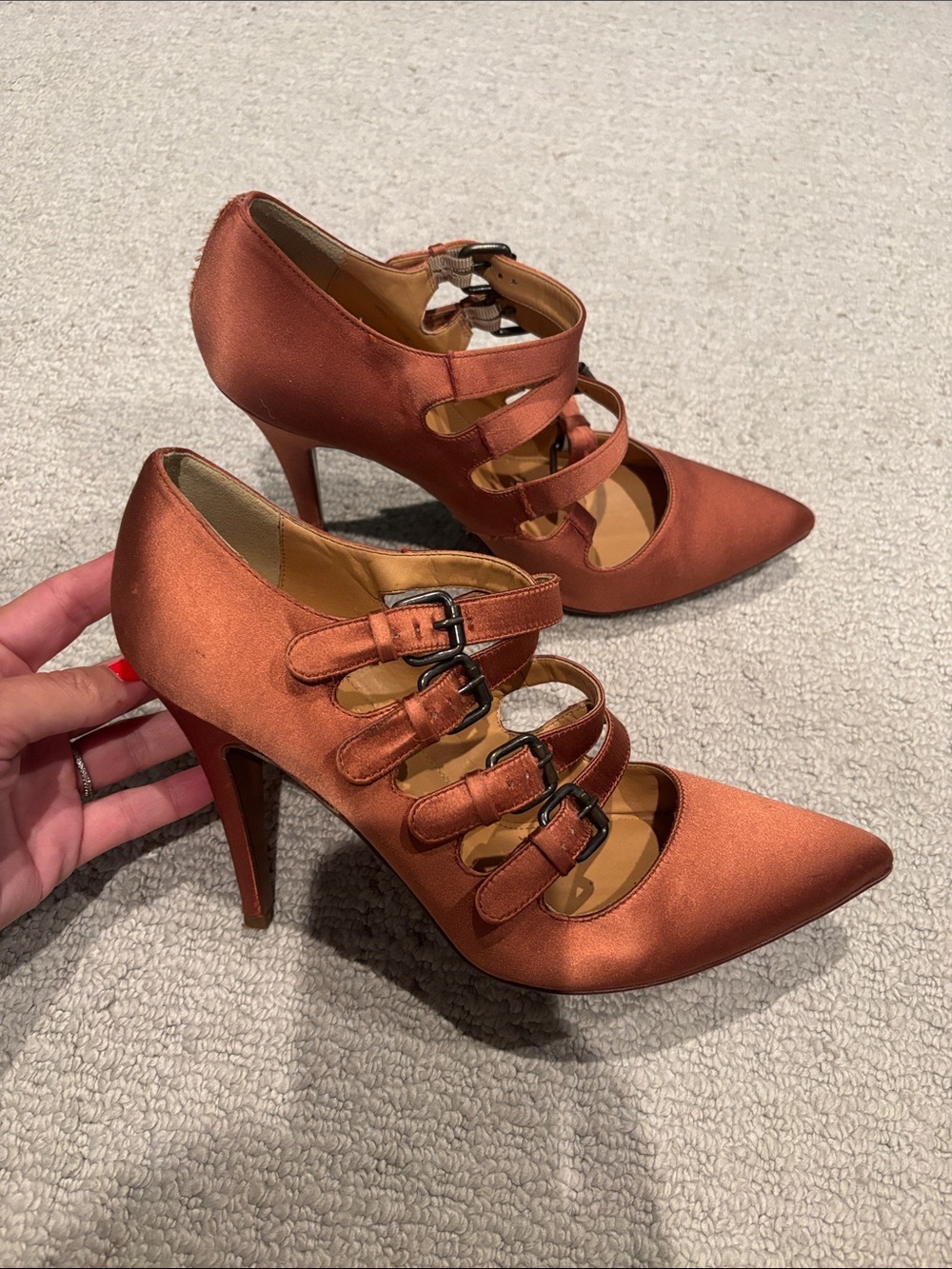 J. Crew Triple-Buckle Pointed Heels in Burnt Orange Satin